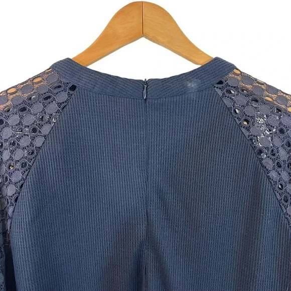 Miholl NWT Navy Blue Blouse Plus XXL Long Lace Eyelet Sleeves Waffle Knit Zipper - Picture 9 of 9